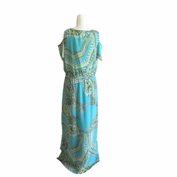 Chicos Maxi Dress Sienna Aqua Green Paisley Cold Shoulder Short Sleeve Medium - Picture 5 of 12